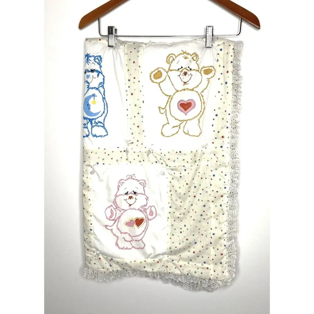 VTG Handmade Off White Care Bear Lace Quilt Blanket Double Sided Kids 29